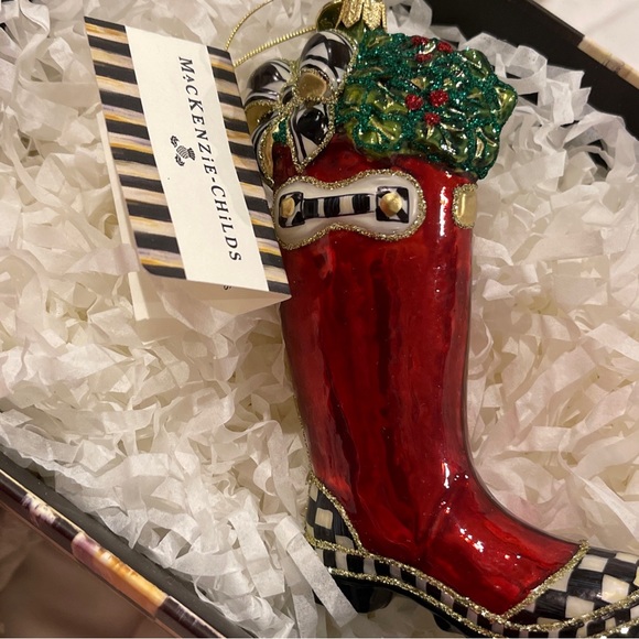 Mackenzie-Childs Christmas Wellie Glass Ornament, New In Box Handblown with Tags - Picture 12 of 15